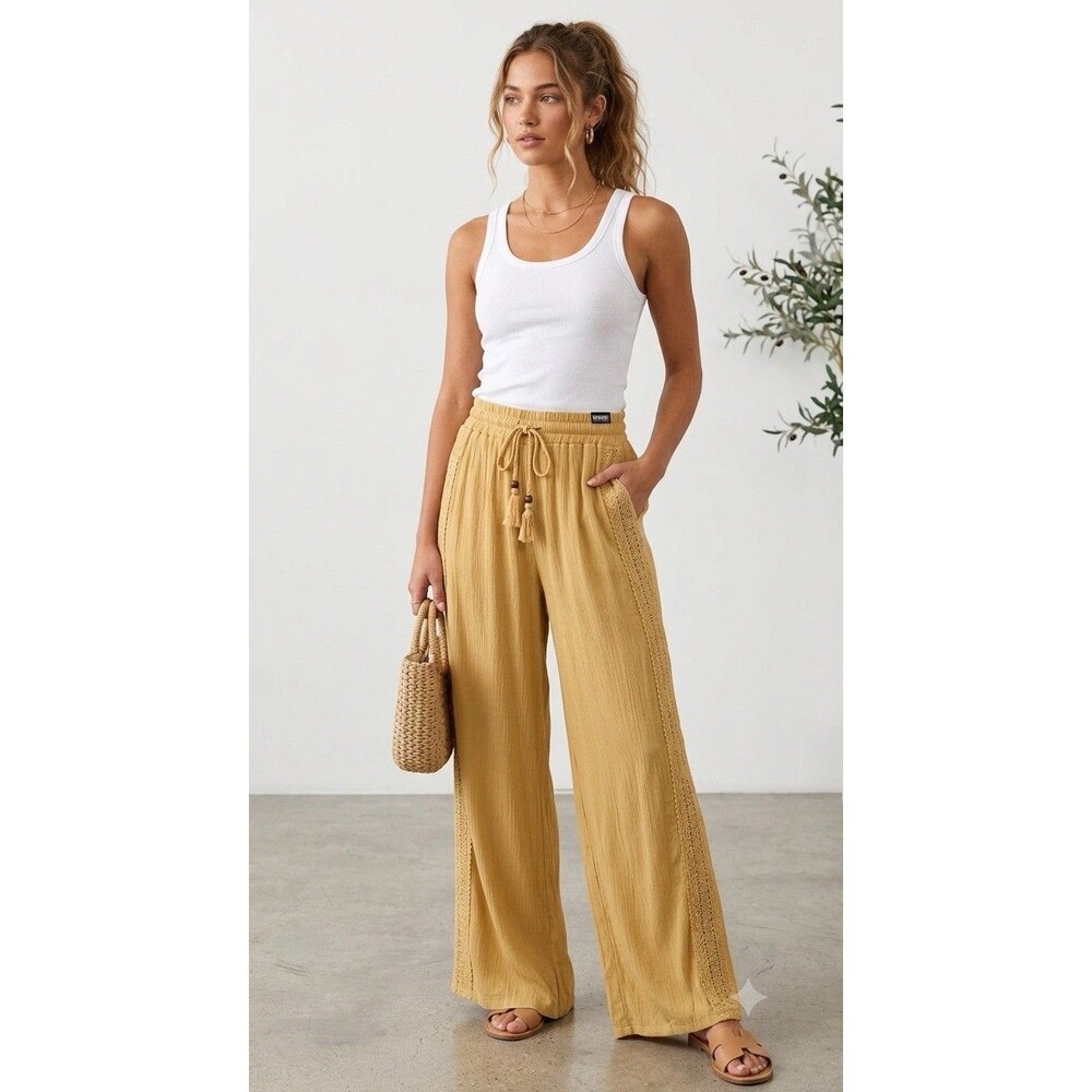 NWT Rewash Womens Wide Leg Pants Medium Yellow Gauze Crochet Trim Boho Festival